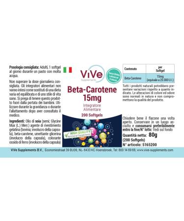 B ta-carot ne 15mg - 200 g lules - 15mg par jour ( quivalent 25 000 UI) - Hautement dos - Pour plus de 6 mois - Qualit allemande - ViVe Supplements - Buy Online on GoSupps.com