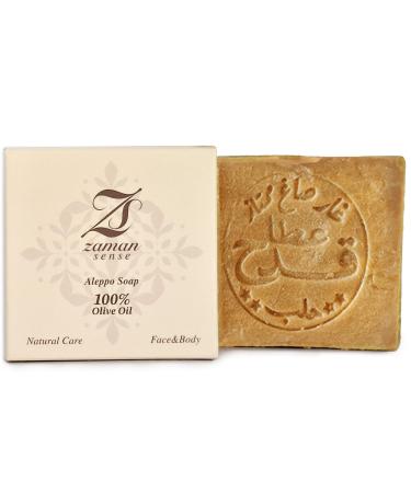 Zaman Sense Premium Aleppo Soap 100% Olive Oil - Handmade Naturally Cured Unscented - Natural Vegan Soap without Perfume or Additives - 200g - for Face Body and Hair