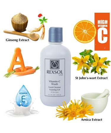 REXSOL Vitamin C Foaming Gel Face Wash | Anti-Aging Facial Cleanser for Sensitive Skin | Natural Daily Cleanser with Vitamins A & E - 8.1 OZ - Buy Online on GoSupps.com