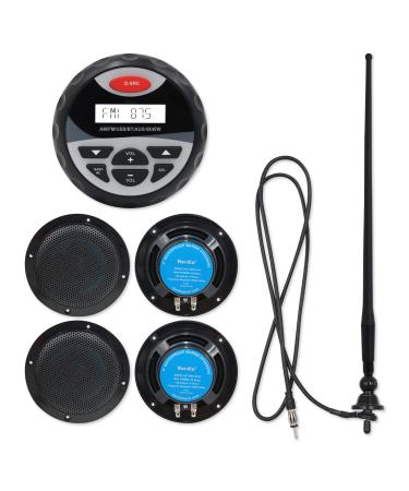 Herdio Marine Receiver Set-AM FM Radio and 4 inch Waterproof Speakers(2 Pairs)+Black Antenna for Boat Yacht ATV UTV