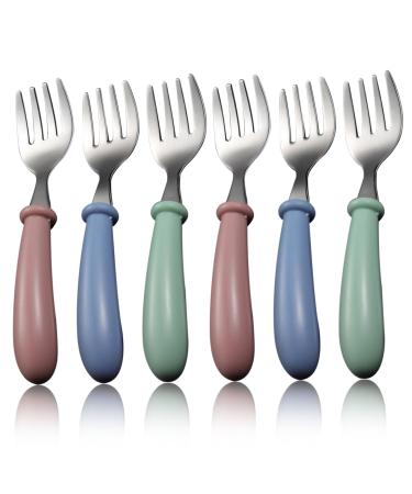 Toddler Forks 6PCS Stainless Steel Safe Baby Forks Small Forks Kids Forks Baby Utensils for Self Feeding 3 Colors Kids Forks with Round Handle Baby Utensils