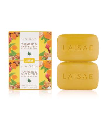 LAISAE Turmeric Brightening Soap for Face & Body Moisturizing with Shea Butter  Acne Scars  Dark Spots  Uneven Skin Tone and Smooth Skin - Vegan  Not Tested on Animals  3.52 oz (2 Bars)