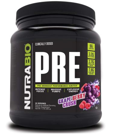 NutraBio PRE Workout Powder - Sustained Energy, Mental Focus, Endurance - Clinically Dosed Formula - Beta Alanine, Creatine, Caffeine, Electrolytes - 20 Servings - Grape Berry Crush