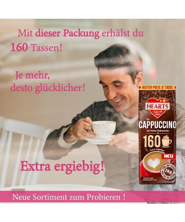 HEARTS Cappuccino with fine cocoa 1 kg trial pack extra economical for 160 cups milky and creamy beverage powder containing coffee - Buy Online on GoSupps.com