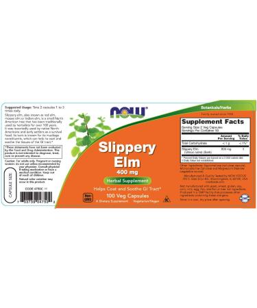 Now Foods Slippery Elm 400 mg - 100 Capsules | Natural Digestive Support - Buy Online on GoSupps.com