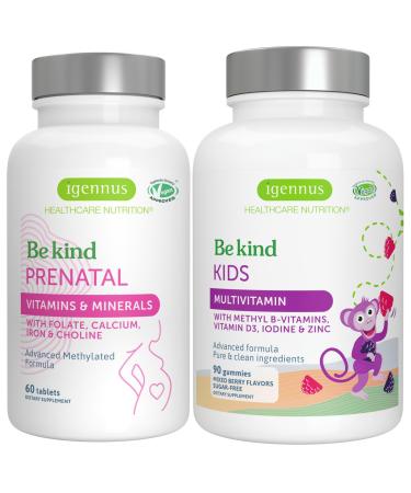 High Absorption Methylated Prenatal + Advanced Kids Multivitamin Gummy Vegan Bundle Clean Label with Vitamin A B C D3 & E 60 Tablets + 90 Berry Flavor Gummies Be Kind by Igennus