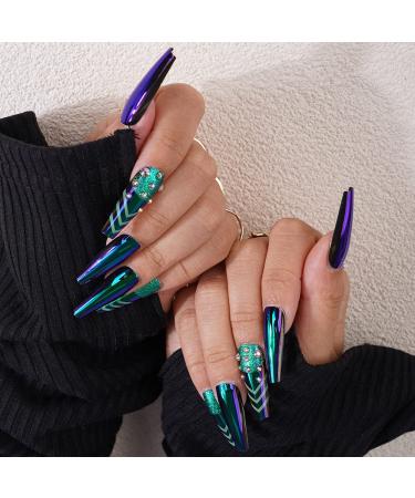 Xerling Glossy Green Press-On Fake Nails with Rhinestones - Long Coffin Full Cover Tips (24 Pcs Pattern G) | International Shipping Available - Buy Online on GoSupps.com