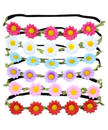 SHSHbuy Flowers Crown Hair Bands 6 Pieces Multicoloured Flower Daisy Headbands Adjustable Elastic Bands for Women Girls Wedding Party Festival