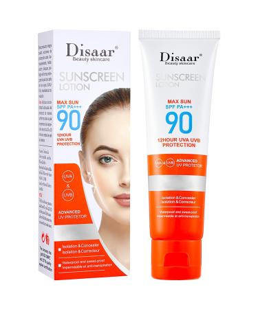 Sunscreen Lotion SPF 90 PA+++ Sweatproof UVA/UVB Protection Waterproof Moisturizing Skin 50ml / 1.69fl.oz