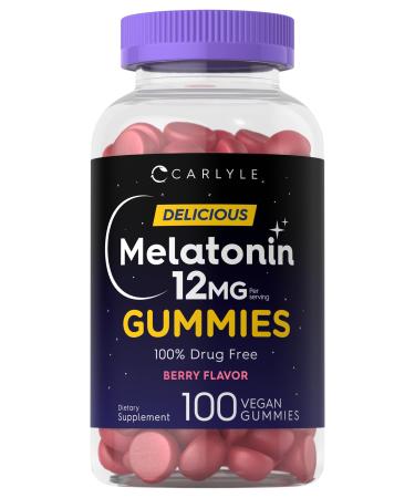 Carlyle Melatonin Gummies 12mg | 100 Count | Berry Flavor | Vegan Supplement | Non-GMO Gluten Free