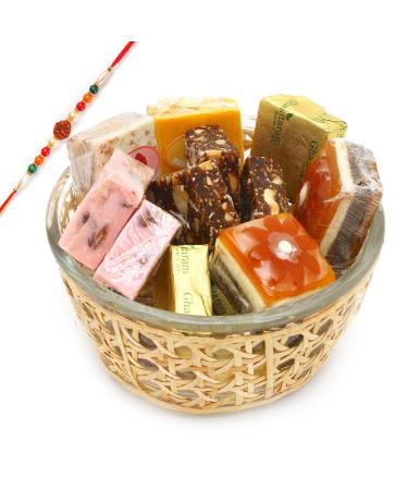 Ghasitaram Gifts Rakhi Gifts for Brothers Cane Glass Bowl with Assorted Bites with Rudraksh Rakhi