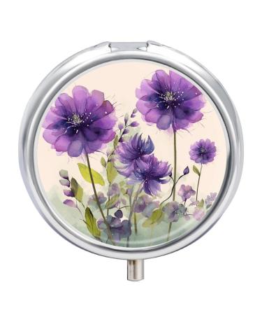 Pill Box Pill Case 3 Compartment Travel Pill Box Watercolor Style Purple Flowers Printing Small Pill Box Portable Medicine Pill Case Pill Organizer for Purse & Pocket for Travel Handbag (Round)