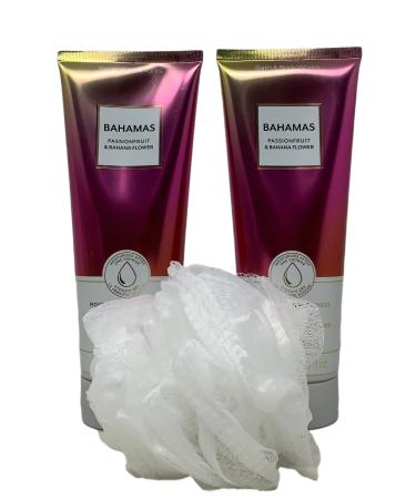 Bath and Body Works BAHAMAS Passionfruit & Banana Flower Moisturizing Body Wash - Lot of 2 + FREE Shower Sponge