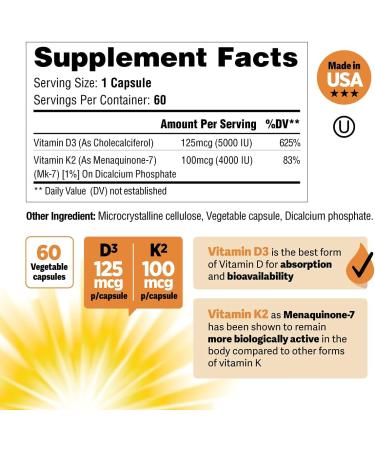 Vitamin D3 K2 Supplement - 5000 IU D3 & 100 mcg K2 MK-7 - Promotes Heart, Bone, and Teeth Health - 60 Count - Buy Online on GoSupps.com