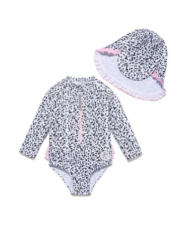 BONVERANO Baby Girls Swimsuit Toddler Bathing Suit Long-Sleeve Zipper One Piece Swimwear with UPF 50+ Sun Protection 18-24 Months Black White