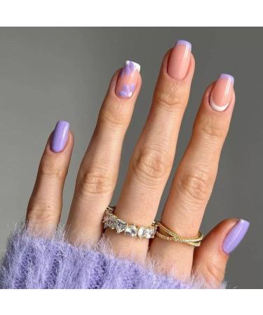JUSTOTRY 24 Pcs Square False Nails Short Lavender French Press on Nails Pattern Funky Floral Fake Nails Short with Nail Glue Stick on Nails for Women Squoval Nails Fake Nail for Nails Art purple s1