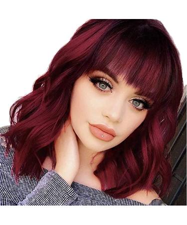 Red Wavy Wigs with Bangs for Women, Short Curly Bob Wigs with Bangs 14 Inch, Shoulder Length Wine Red Wigs for White Women, Synthetic Auburn Burgundy Womens Wigs for Black Women