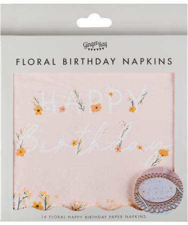 Ginger Ray Pink Floral Happy Birthday Napkins - Scalloped Party Tableware | 16 Pack for Perfect Celebrations - Buy Online on GoSupps.com