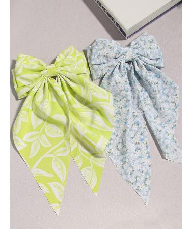 2pcs Floral Bow Hair Clips for Women & Girls with Long Tail, Blue & Green Hairpins for Thick Hair - Elegant Leaves Pattern Big Hair Clips - Buy Online on GoSupps.com