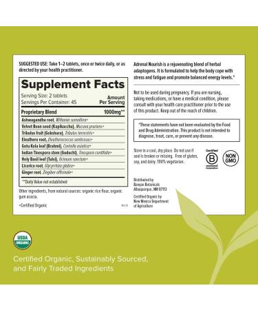 Banyan Botanicals Adrenal Nourish - Organic Balancing Blend for Adrenal Health - 90 Tablets - Buy Online on GoSupps.com