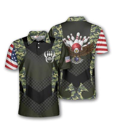 PRIMESTY Custom Bowling Shirts for Men, Patriotic American Flag Bowling Jerseys, Personalized Bowling Polo Shirts Bowling Eagle Camouflage