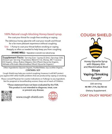 Stop Dry Cough with Cough Shield - 100% Natural Honey-Based Syrup with Slippery Elm & Marshmallow Root - 220 Servings - Buy Online on GoSupps.com