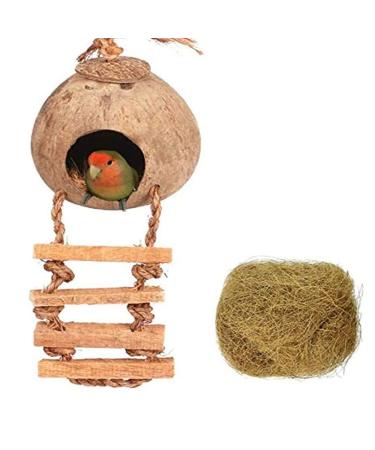 Tfwadmx Coconut Hide with Ladder, Natural Coconut Fiber Hanging Birdhouse Cage, Coconut Bird Shell Breeding Nest for Parrot Parakeet Lovebird Finch Canary (2 Pcs) 1PCS