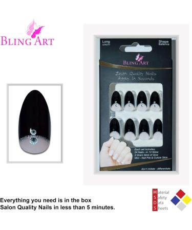 Bling Art Almond False Nails Fake Stiletto Black Crystal 24 Long Tips with Glue - Buy Online on GoSupps.com