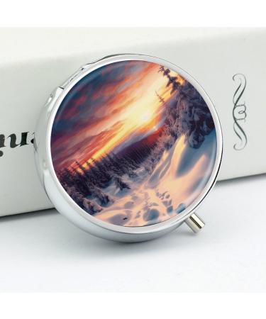 Round Pill Box - Winter Snow Sunset Landscape Print | 3 Compartment Decorative Metal Organizer | Portable Pocket Pill Case - Buy Online on GoSupps.com