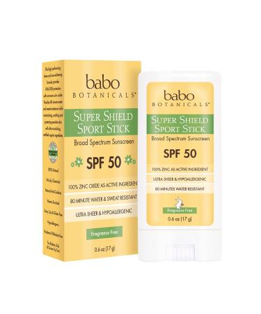 Babo Botanicals Super Shield SPF 50 Natural Sport Stick Fragrance Free Sunscreen  0.6 Ounce