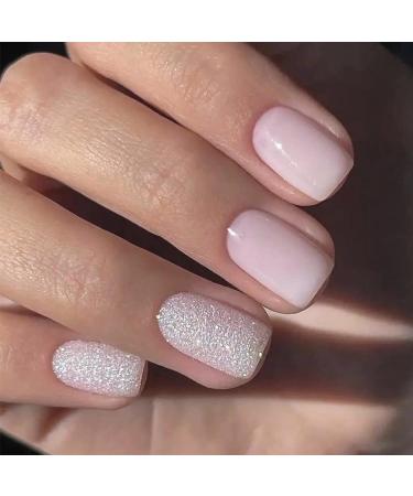 Vanpiece French False Nails Short Nude Pink Full Cover Fake Nails Artificial Square Press on Nails French Tip Short Square Acrylic Fake Nails with Glitter Design for Women and Girls Nail Art 02# - Buy Online on GoSupps.com