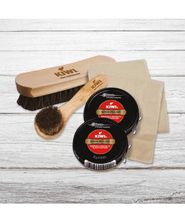 KIWI Shoe Shine Kit Black - Long-Lasting Shine & Protection (2 Tins, 1 Brush, 1 Dauber, 1 Cloth) - 2.5 oz Deluxe Shine - Buy Online on GoSupps.com