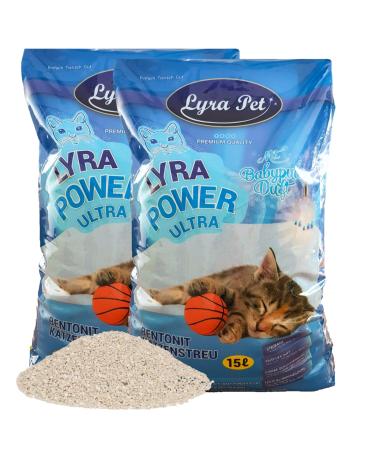 Lyra PET |30 liters of lyra power ultra excellent cat litter |With baby powder fragrance |Clumper |350% suction power |Natural product from Bentonite |Stark clumping |Clean apartment |Neutralized smells