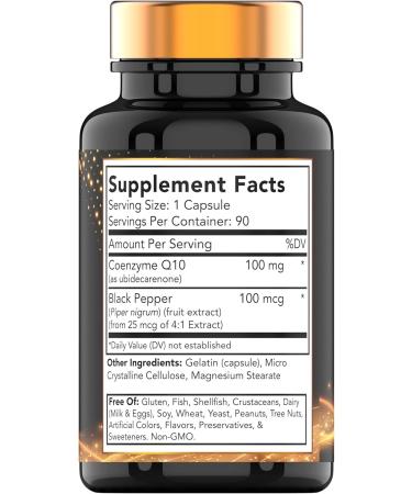 CoQ-10 100mg with Black Pepper Extract | 90 Rapid Release Capsules | Maximum Absorption Antioxidant Supplement - Buy Online on GoSupps.com