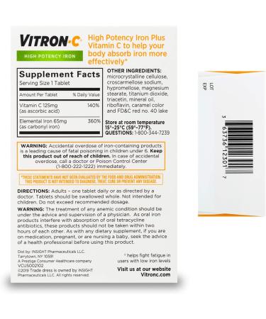 Vitron-C High Potency Iron Supplement with 125 mg Vitamin C - 60 Count - Buy Online on GoSupps.com