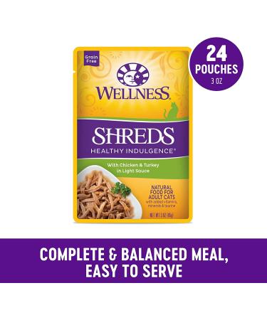 Wellness Grain-Free Wet Cat Food Pouches - Chicken & Turkey, Shredded Protein in Gravy, 24-Pack - Natural, Adult, 3 oz - Buy Online on GoSupps.com