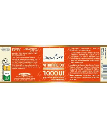 Vitamin D3 1000 IU Pure Essence | Vitamin D in Active Form Cholecalciferol - Support in the maintenance of bones muscles and immune system - 100 Tablets | Api-Nature - Buy Online on GoSupps.com