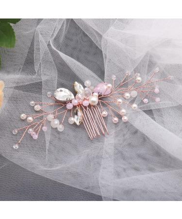 Dainty Pink Crystal Rhinestone Bride Wedding Hair Comb - Rose Gold Pearl Beads Side Hair Comb for Women - Buy Online on GoSupps.com