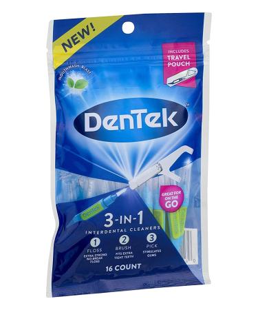 Dentek 3-in-1 Interdental Cleaners - Floss, Brush, Pick with Travel Pouch | 16 Count (Pack of 1) - Buy Online on GoSupps.com