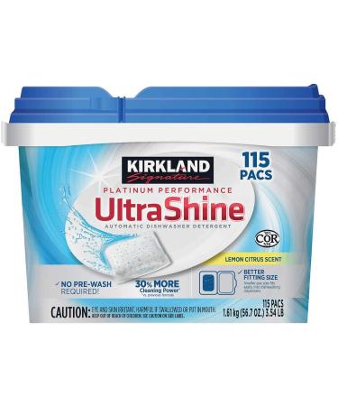 Kirkland Signature UltraShine Dishwasher Detergent Pacs Lemon Citrus 115 Ct
