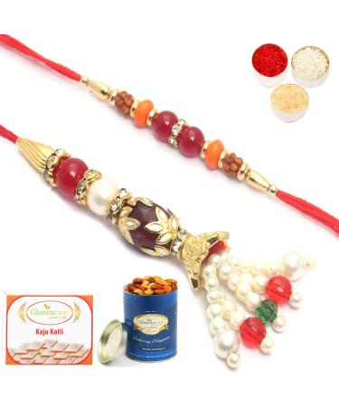 Ghasitaram Gifts Rakhis Online - Rakhi for Brother- Pearly Possesion Bhaiya Bhabhi Rakhi with 100 GMS of Dryfruits Mix Can 200 GMS of Kaju katli Rakhi Set & 100g Dryfruits Mix Can 200g Kaju katli