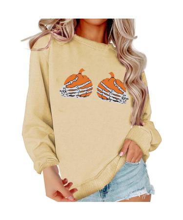 Halloween Costumes Sweatshirt Funny Pumpkin Face Graphic Pullover Crewneck Long Sleeve Fall 3X House Dresses Plus Yellow XX-Large