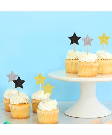120 Pcs Star Cupcake Toppers Happy New Year Glitter Black Gold and Silver Star Cake Topper Picks Toothpick Toppers New Year Photo Props for New Year Party Supplies (Star) - Buy Online on GoSupps.com