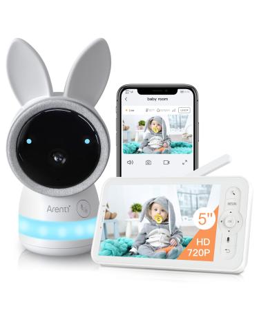 Video Baby Monitor,Arenti Audio Monitor with 2K Ultra HD WiFi Camera,5" Color Display,Night Vision,Lullabies,Cry Detection,Motion Detection,Temp & Humidity Sensor,Two Way Talk,App Control(White)
