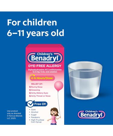 Benadryl Children s Dye-Free Allergy Relief Liquid Allergy Medicine for Kids 12.5 mg Diphenhydramine HCl Antihistamine Relieves Runny Nose & Sneezing Paraben-Free Bubble Gum Flavor 8 fl. Bubblegum 8 Fl Oz (Pack of 1) - Buy Online on GoSupps.com