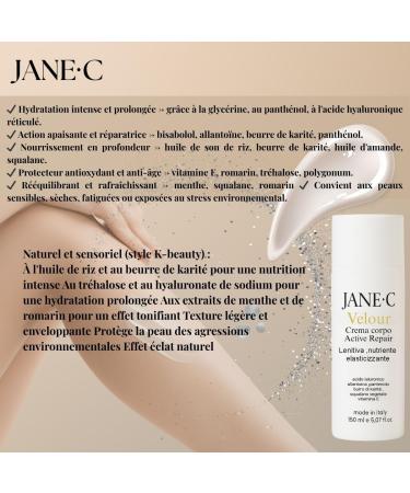 JANE C Velour Active Repair Cr me Corps avec Acide hyaluronique r ticul Formule R paratrice pour Peau Sensible Enrichie en Panth nol et Vitamine E 150ml made in Italy - Buy Online on GoSupps.com