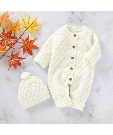 DovFanny Baby Romper Suit | Solid Color Knit Jumpsuit for Newborns | Winter Outfit with Hat (6-12 Months, White) - Buy Online on GoSupps.com