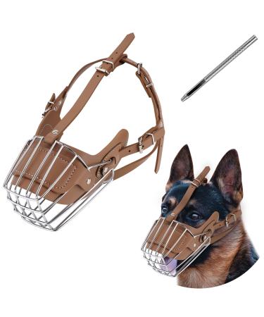 Dog Muzzle Metal Face Basket Dog Mouth Breathable Adjustable Leather Leash Suitable for Large Medium Dogs (Brown L) - Buy Online on GoSupps.com