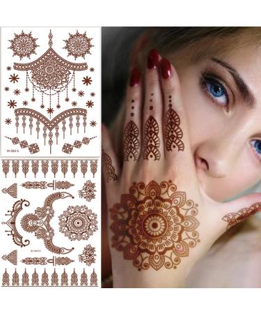 FULANSI Brown Henna Tattoos Stickers 6 Sheets Henna Temporary Tattoos Lace Mystery Sexy Mandala Flower Design Body Art Waterproof Fake Tattoos Henna Stickers for Women Body Face Arm Legs Decor Bronze