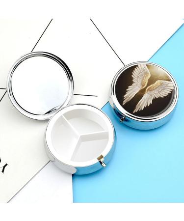 Round Pill Box with Angel Wing Print | 3 Compartment Decorative Metal Pill Organizer | Portable Pocket Pill Case - Buy Online on GoSupps.com